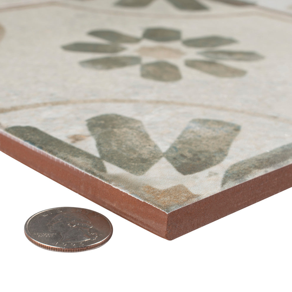 Kings Blume Encaustic Ceramic Floor and Wall Tile, Sage Green