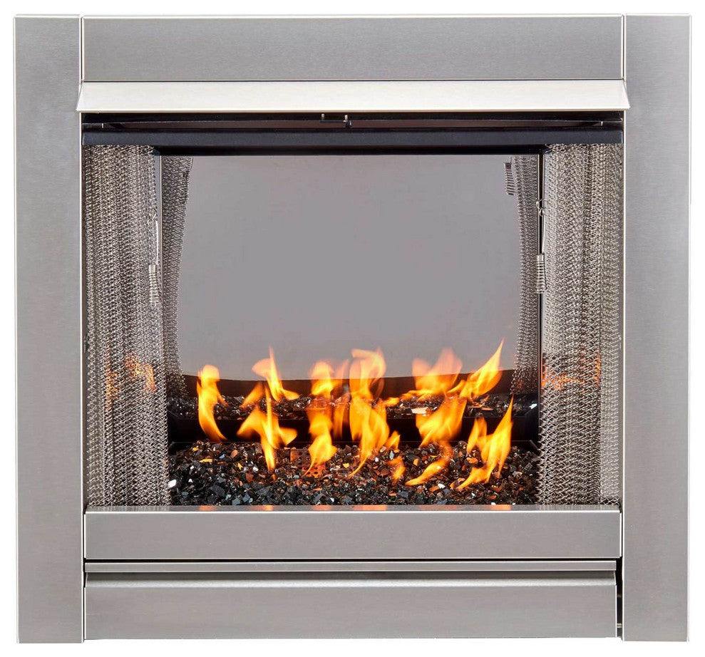Vent-Free Stainless Outdoor Gas Fireplace Insert, Black Fire Glass Media