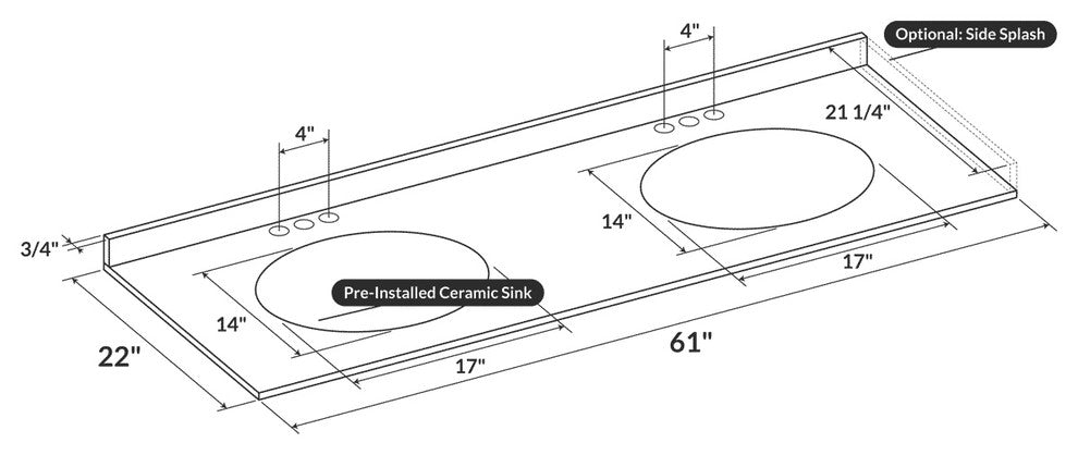 Cara White 61"x22" Marble Vanity Top, 4" Spread