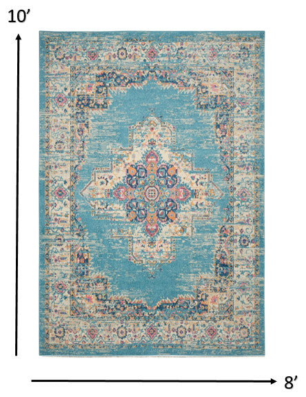 8x10 Light Blue Distressed Medallion Area Rug