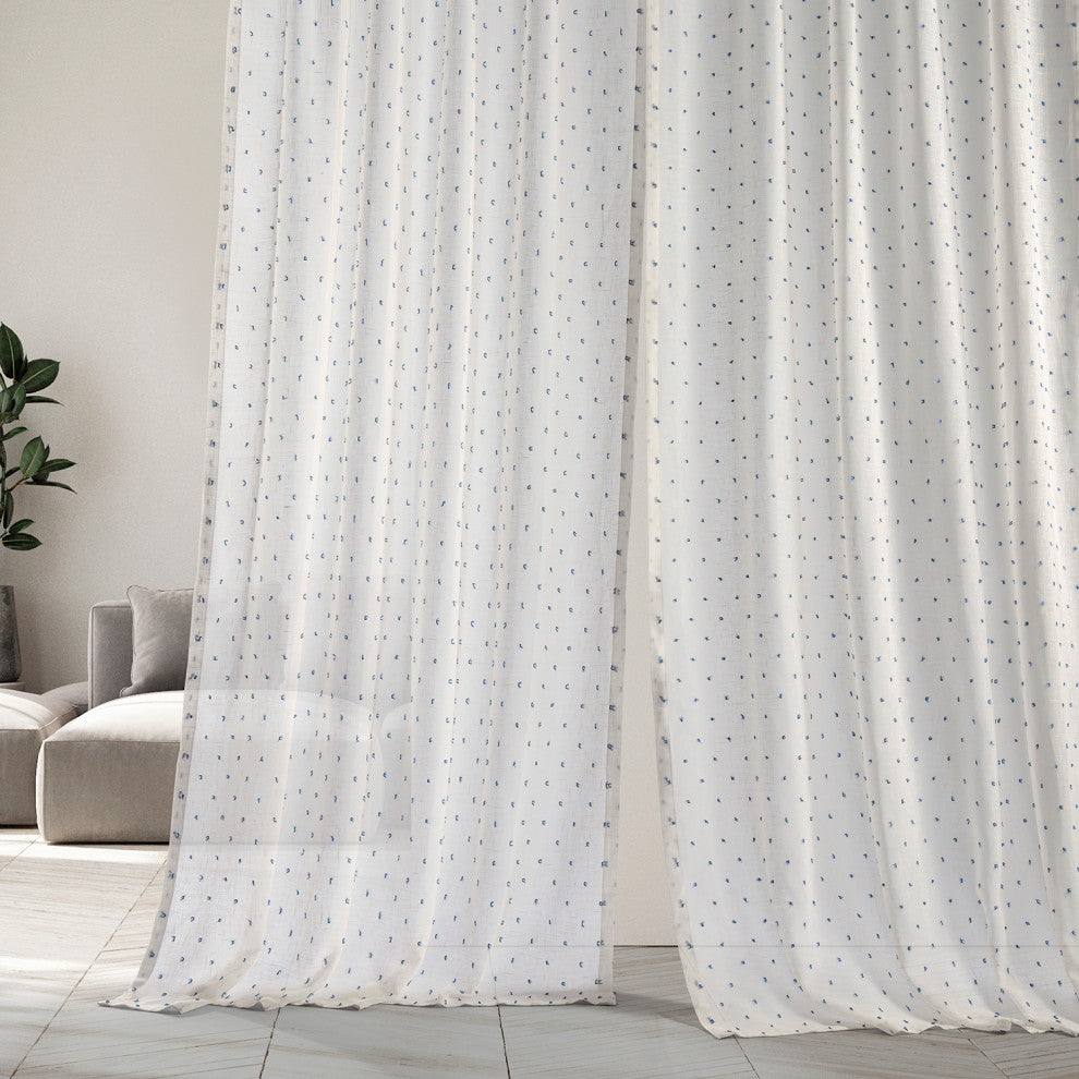 Altair Blue Patterned Linen Sheer Curtain Single Panel, 50"x108"