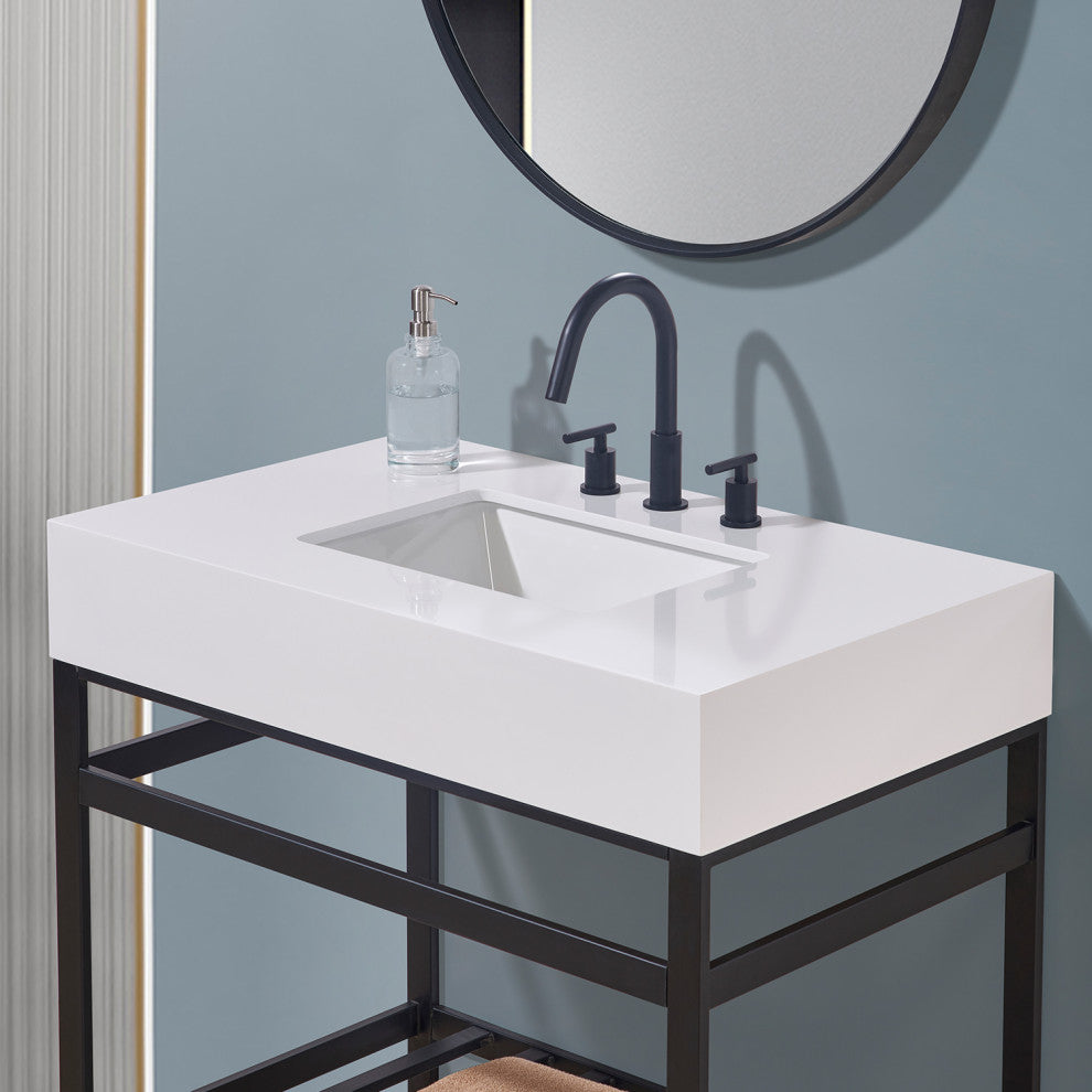 Edolo Engineered Stone Vanity Top, Snow White Apron With White Sink, 36"