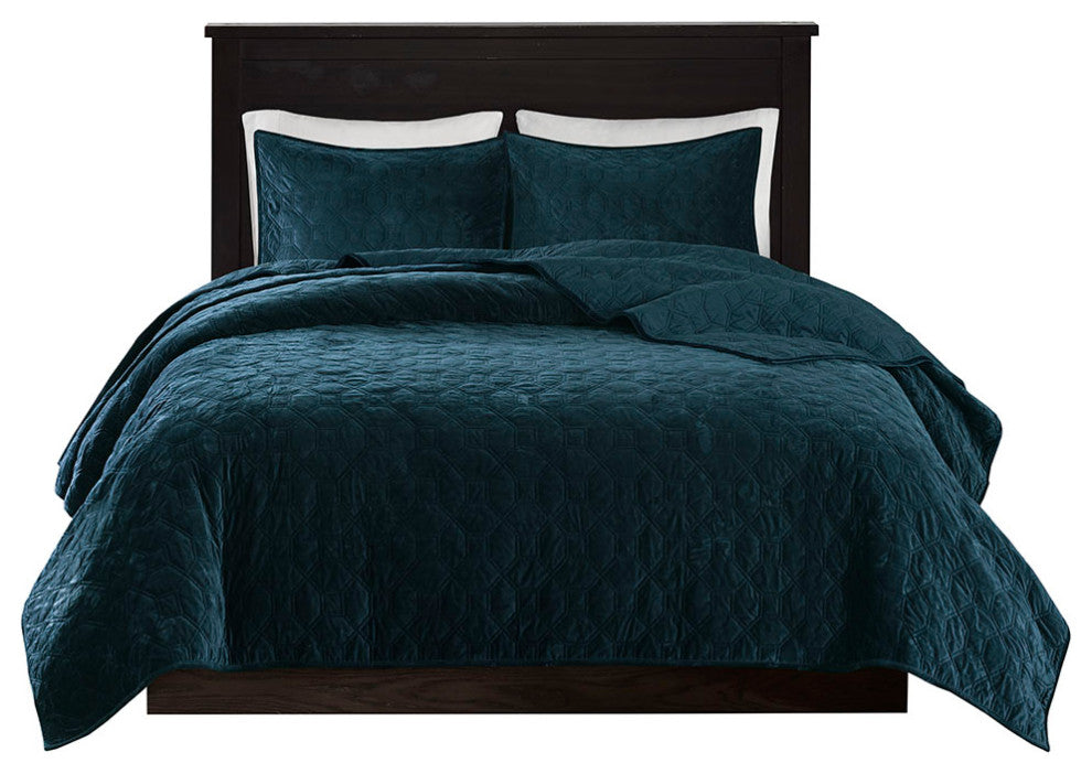 Madison Park Harper 3 Piece Velvet Quilt Set, Teal