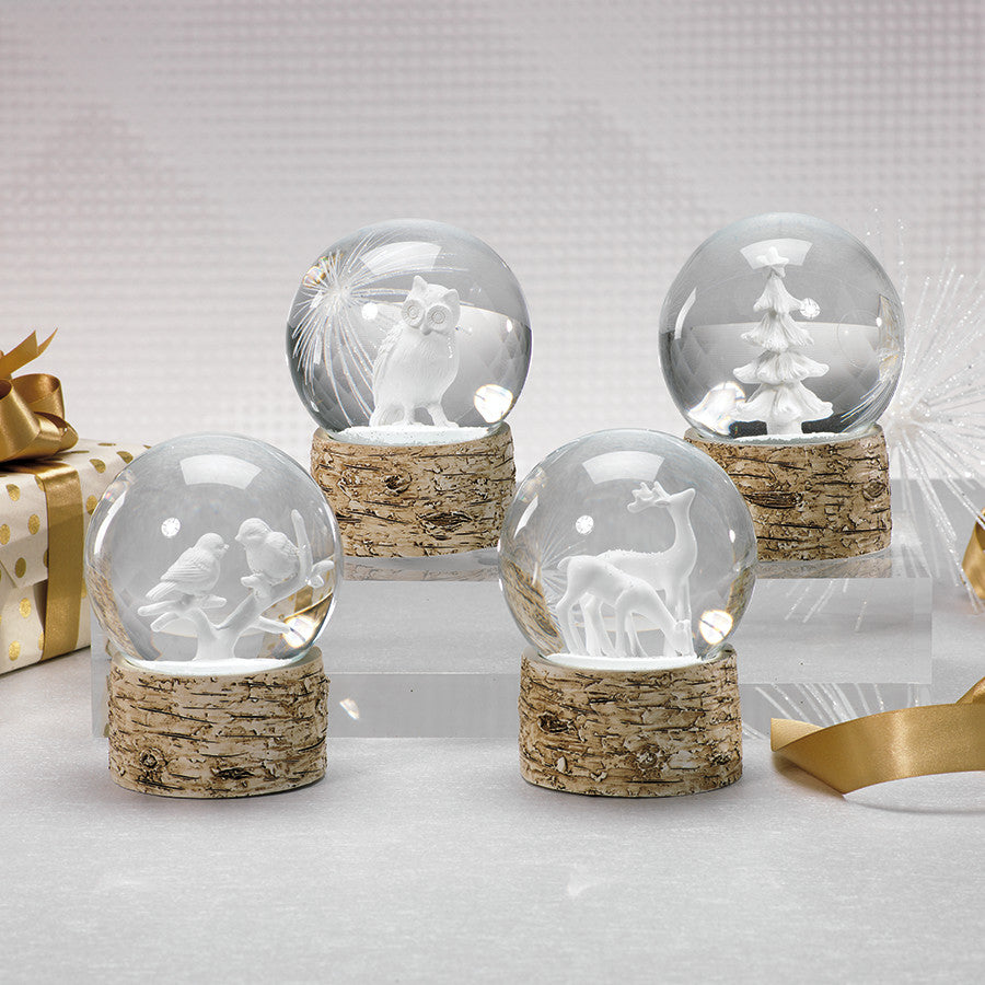4" Tall Large Snow Globe on Birch, Tree Sculpture, White and Beige, Set of 2