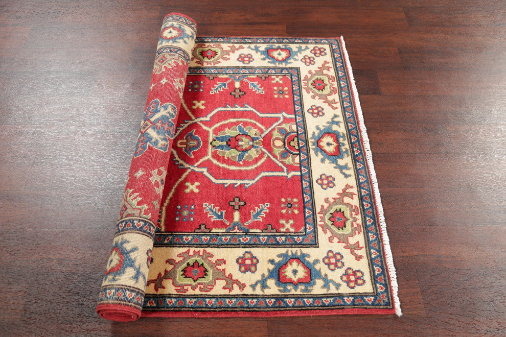 Hand Made Kazak Oriental Traditional Pakistani Area Rug, Red, 5'1"x3'5