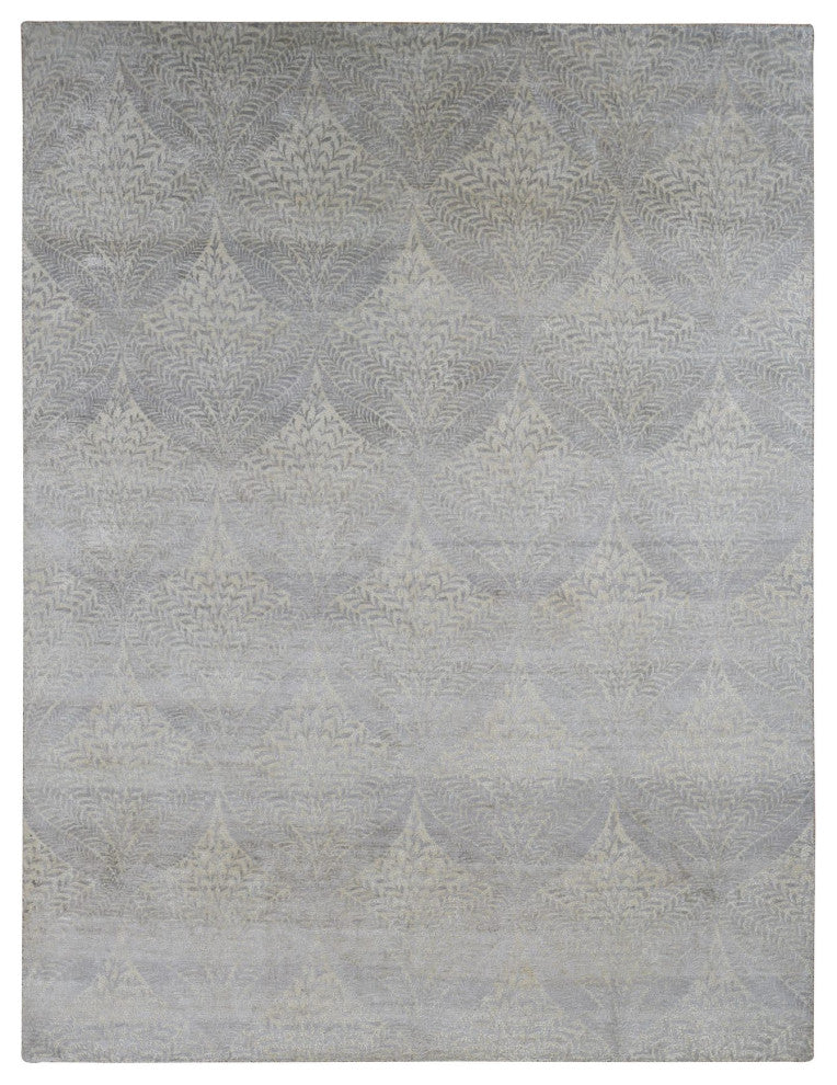 Silver Gray, Gold Leaf Design, Pure Silk, Hand Knotted, Rug, 8'10"x12'1"