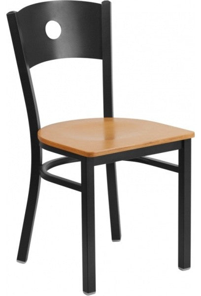 Black Circle Back Metal Restaurant Chair, Natural Wood Seat