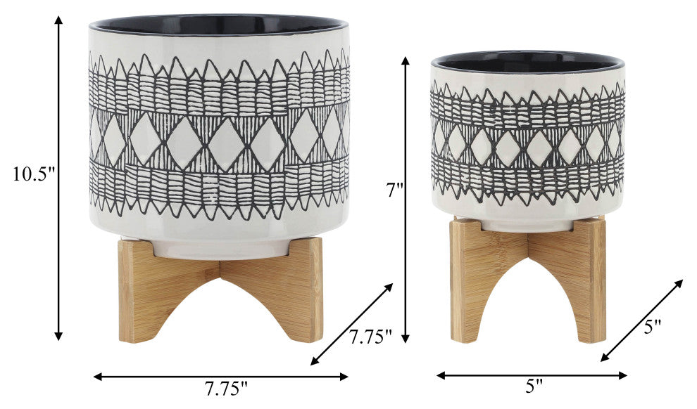 Cer 2-Piece Set Aztec Planter On Wooden Stand, Gray