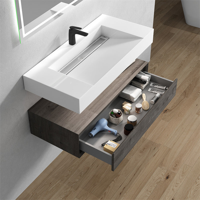 Alysa 42'' Floating Vanity, Acrylic Sink, Smoke Oak