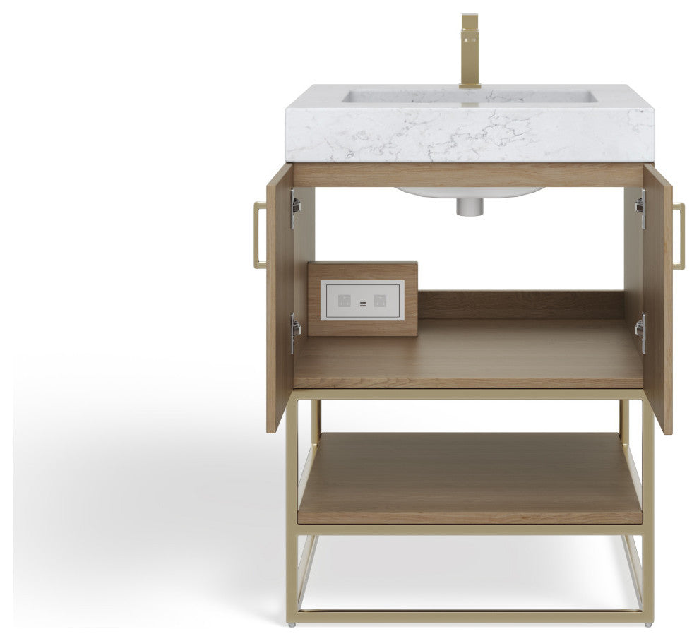 Bahia Bath Vanity, Oak, 24", Brushed Gold Hardware, Single, Freestanding