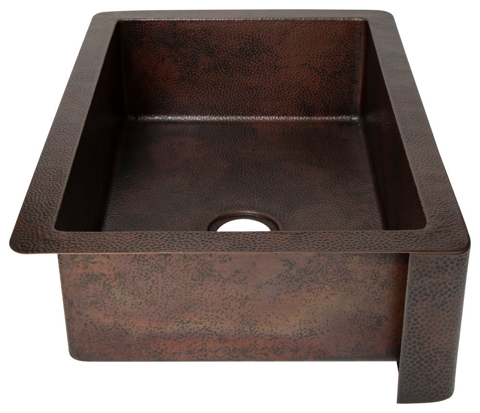 33" Farmhouse One Bowl Fruits Apron Hammered Copper Kitchen Sink, 16 Gauge