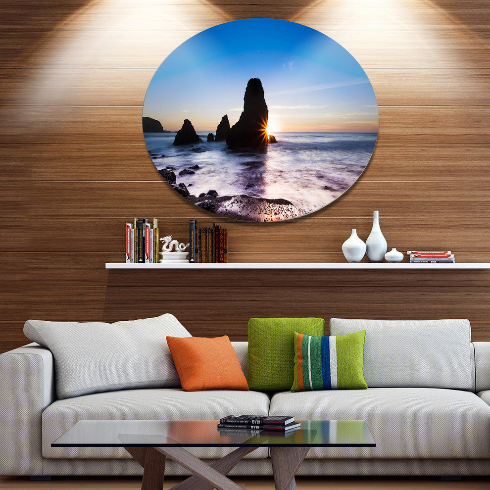 Sunset At Rodeo Beach Panorama, Seashore Round Metal Wall Art, 23"