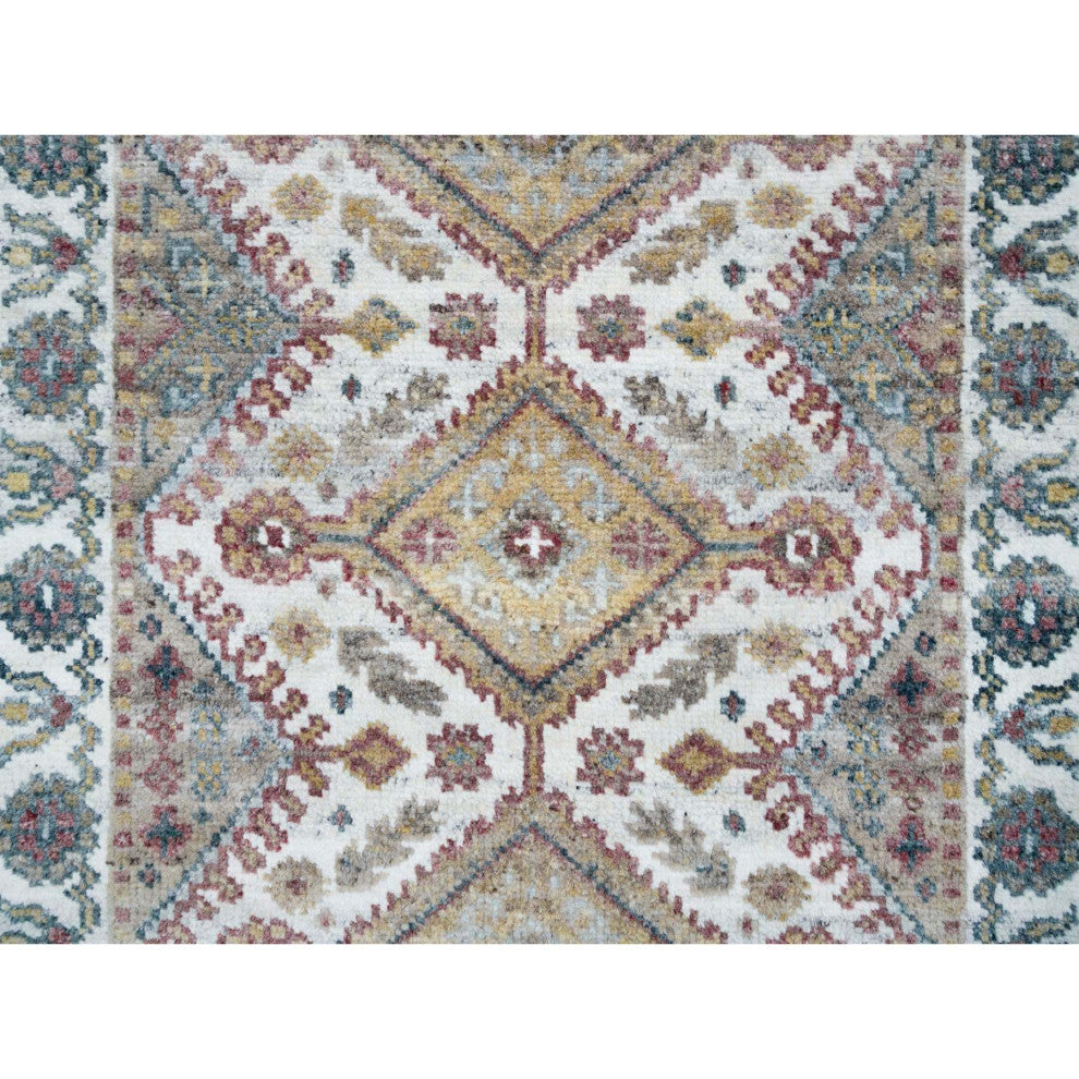 Ivory Wool Hand Knotted Flower Rosettes Border XL Runner Oriental Rug 2'7"x18'