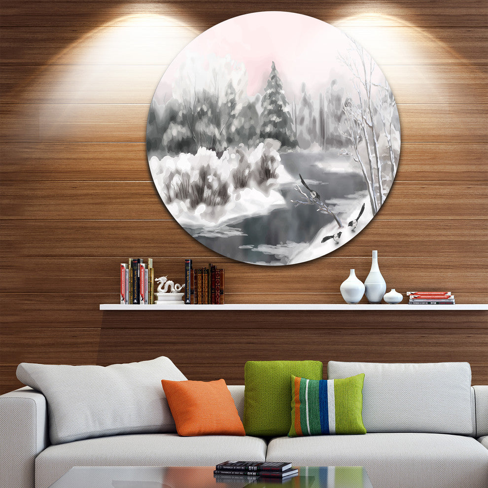 Grey Winter Vector, Landscape Watercolor Large Disc Metal Wall Art, 23"