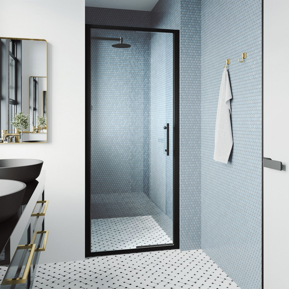 VIGO Astoria Framed Pivot Shower Door, Black, 32" W X 76" H, Clear Glass