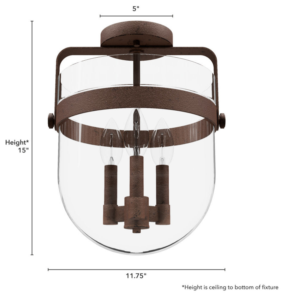Karloff Textured Rust, Clear Glass 3 Light Flush Mount Ceiling Light