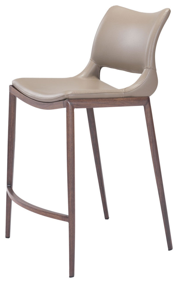 Counter Stool Chair, Set of 2, Faux Vinyl Leather, Steel, Gray, Walnut