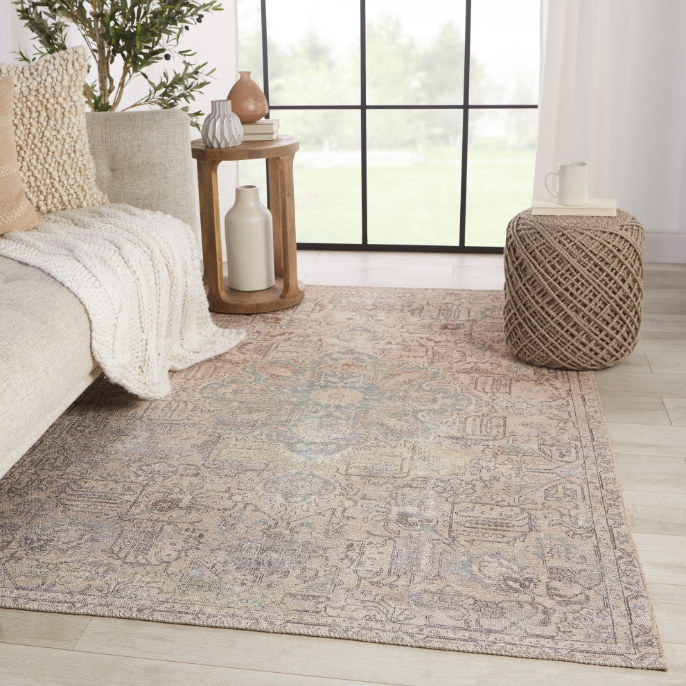 Machine Washable Parisa Medallion Light Blue and Light Tan Area Rug, 6'x9'