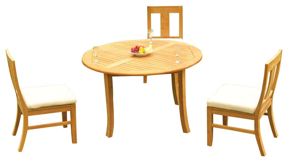 4-Piece Outdoor Patio Teak Dining Set: 48" Round Table & 3 Osbo Armless Chairs