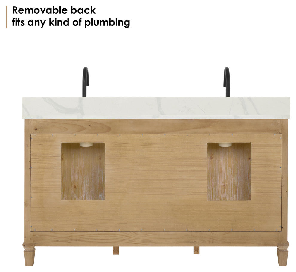 Solana Bathroom Vanity with Calacatta White Quartz Stone Countertop, Weathered Fir, 60", Without Mirror