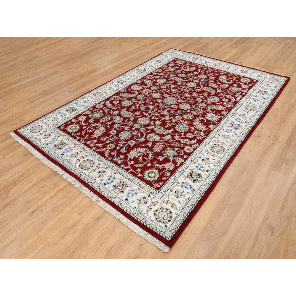 Cherry Red, Nain 250 KPSI, Wool and Silk Hand Knotted Oriental Rug, 6'0"x8'10"