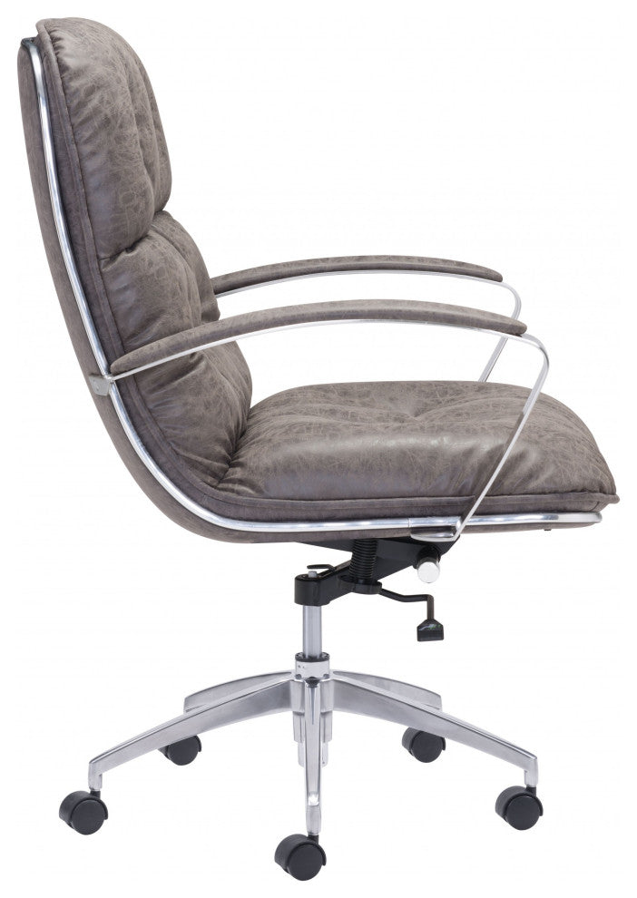 Vintage Chrome and Gray Faux Leather Tufted Office Chair