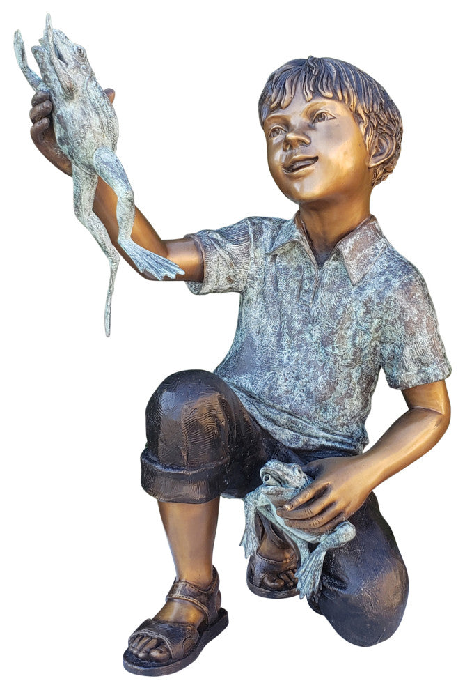 A Little Boy Playing with Two Frogs Bronze Statue Fountain  18" x 16" x 25"H