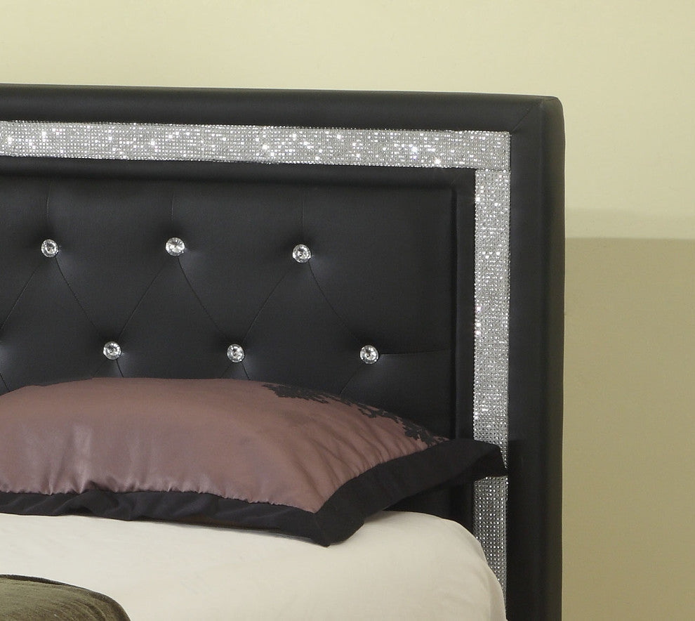 Modern Platform Bed With Crystal Tufted Buttons, Black, Queen
