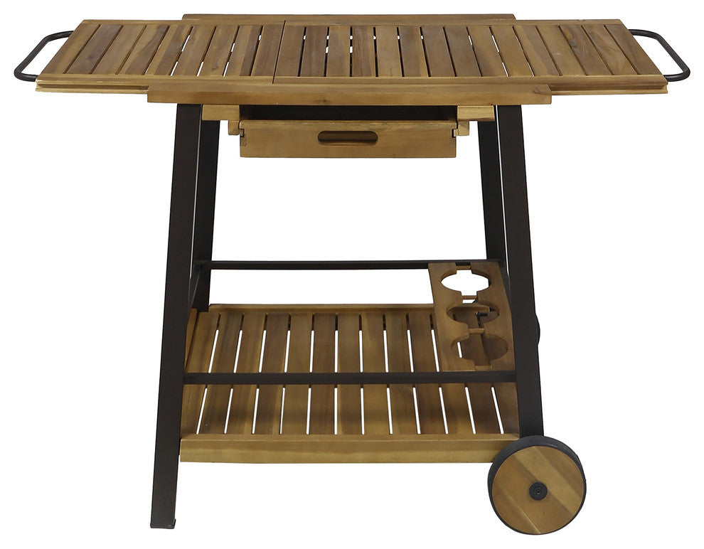 Michaela Outdoor Wood and Iron Bar Cart with Tray Top and Bottle Holders