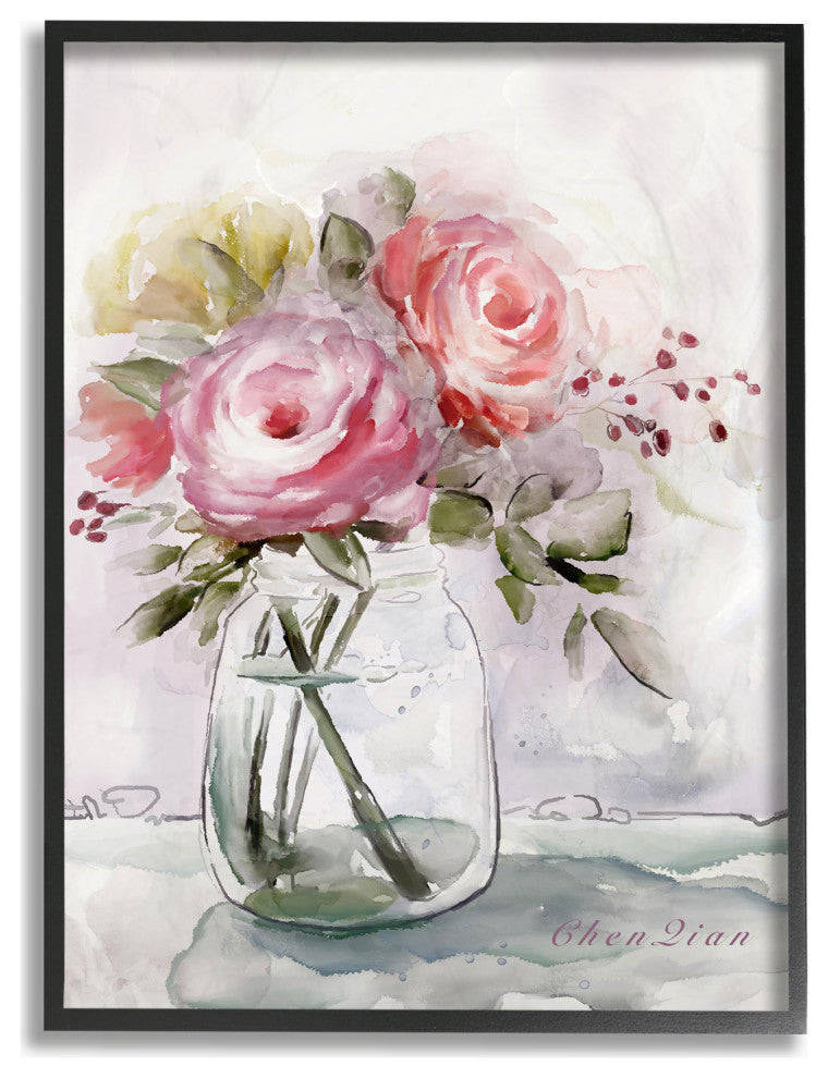 Flower Jar Pink Green Watercolor Painting, 24"x30", Black Frame