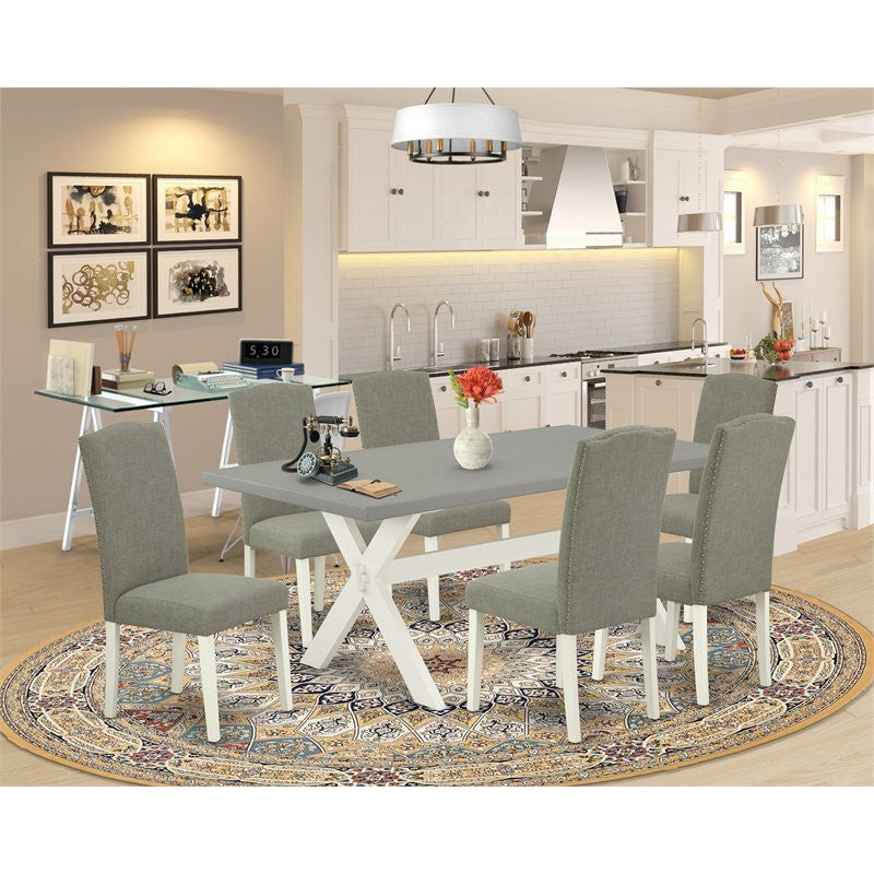7-Piece Set An Excellent Cement Color Table Top and 6 Chairs, Linen White