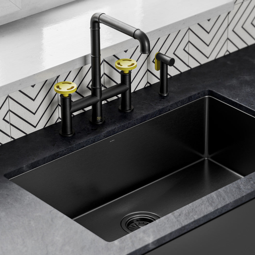 Avallon Pro Widespread Kitchen Faucet With Side Sprayer, Matte Black/Yellow