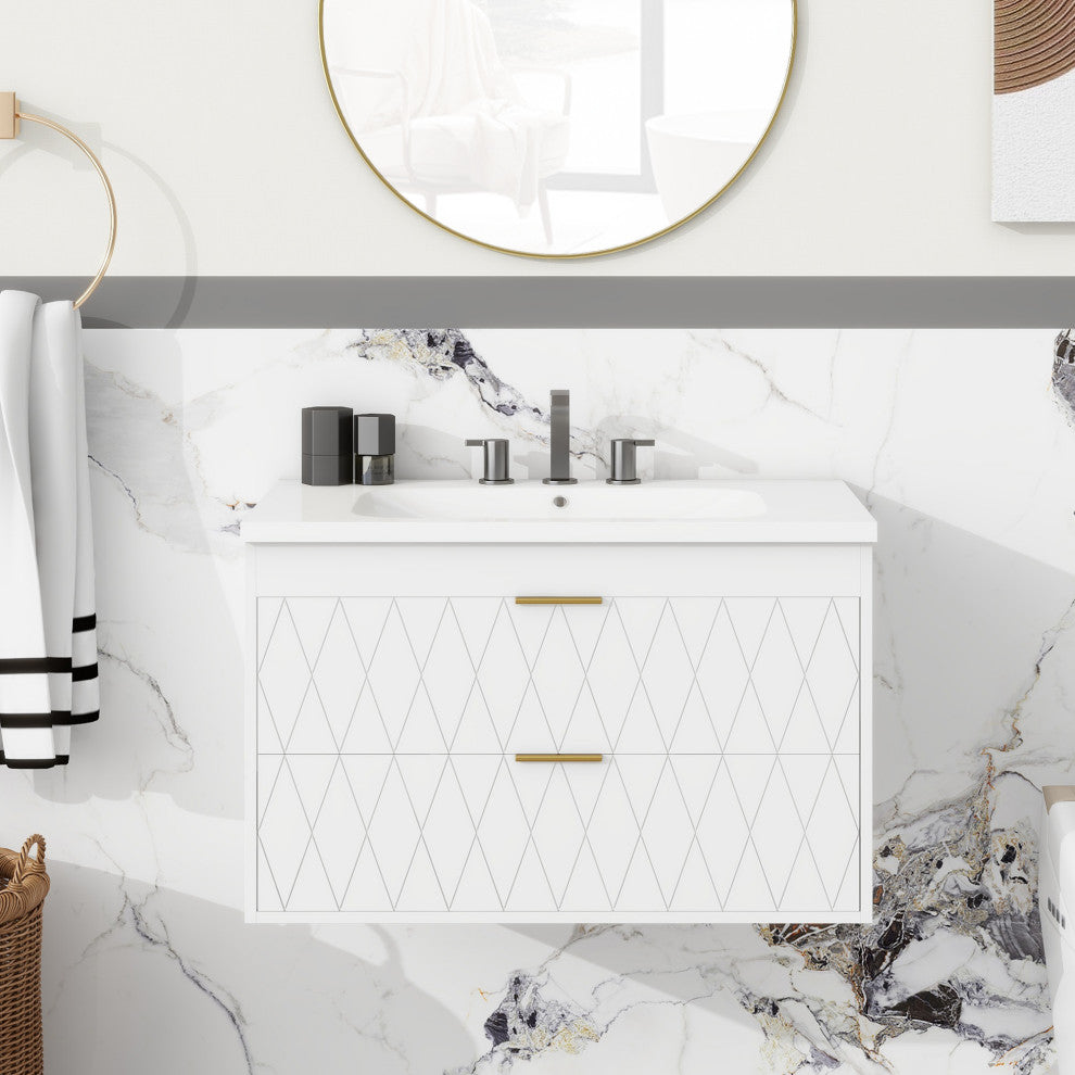 30'' Floating Bathroom Vanity with Resin Sink,Mounted Bathroom Storage Cabinet, White
