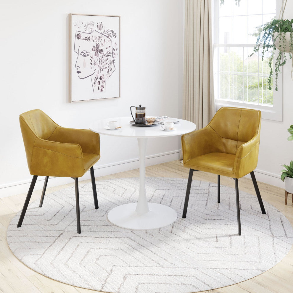 Dining Chair, Set of 2, Faux Vinyl Leather, Steel, Yellow, Black, Mid Century