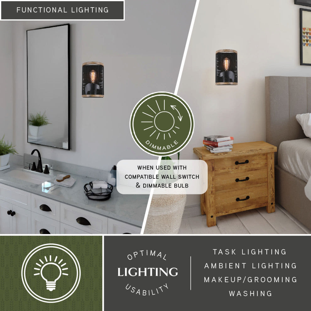 Kodiak 8" Wall Light Black and Burnished Teak