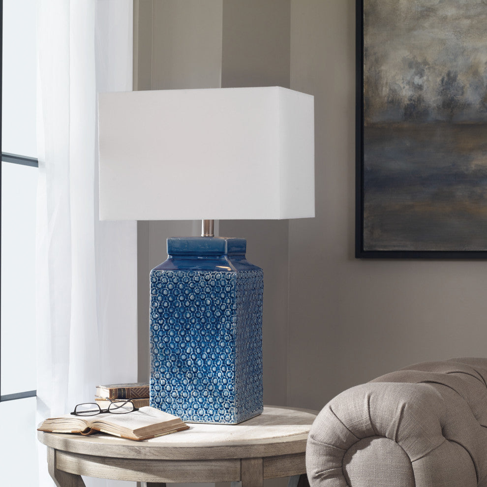 Uttermost Pero Ceramic and Iron Table Lamp in Sapphire Blue and Nickel