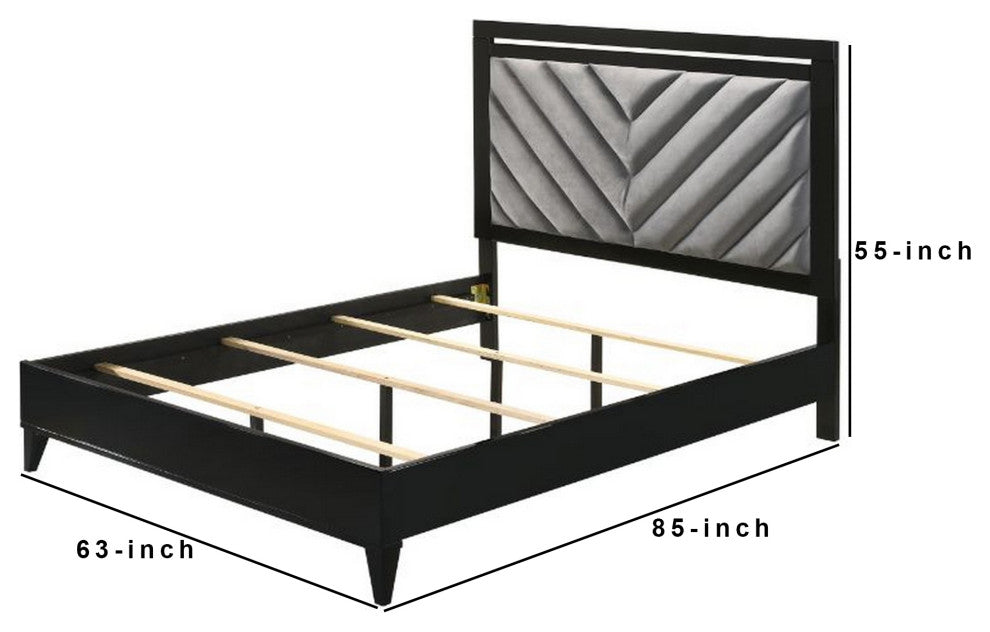 Benzara BM252724 Queen Bed With Padded Headboard and Metal Trim, Gray and Black