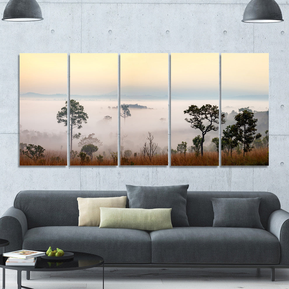 Misty Morning Panorama, Landscape Canvas Art Print, 60"x28", 5 Panels