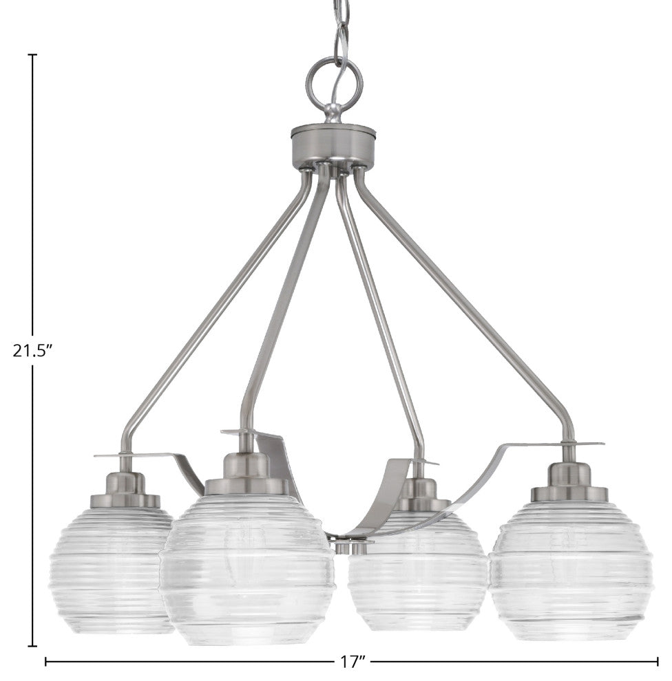 Odyssey 4 Light, Chandelier In Brushed Nickel Finish With 6" Clear Ribbed Glass