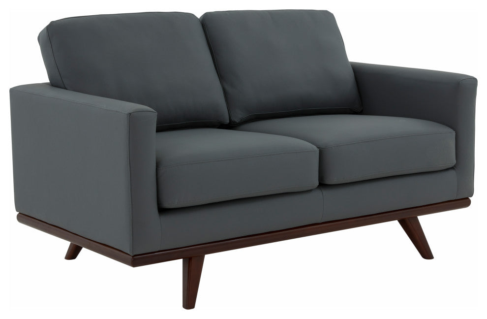 LeisureMod Chester Modern Leather Loveseat With Birch Wood Base, Gray