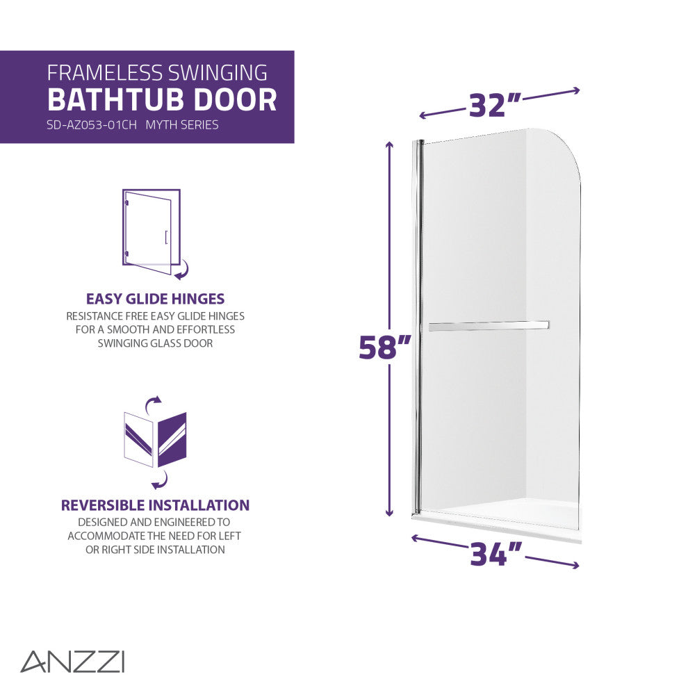 Anzzi 5' Left Drain Tub, White With 34" x 58" Tub Door, Chrome