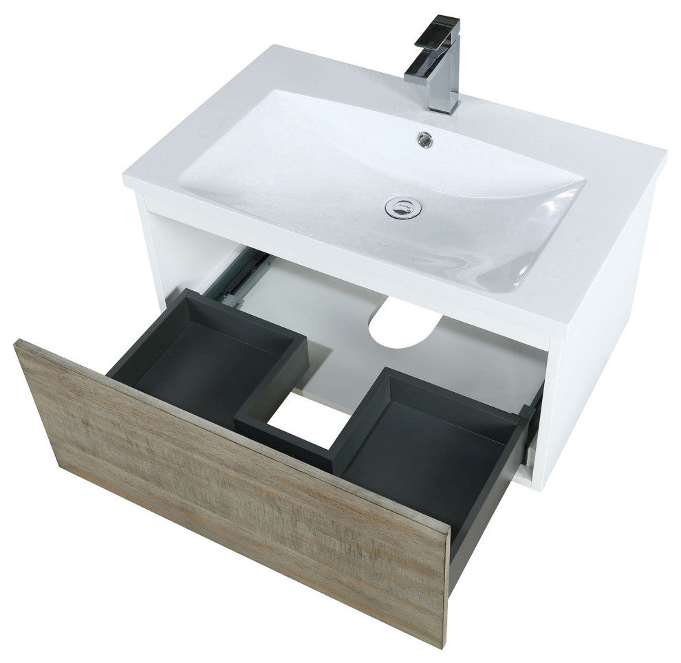 Scopi 30 Rustic Acacia Vanity, Acrylic Top With Sink, Gun Metal Faucet Set