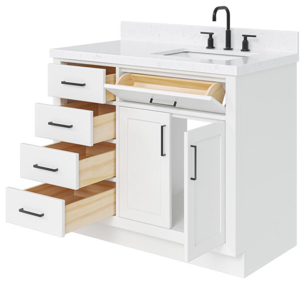 Ariel Hepburn 42" Right Offset Single Rectangle Sink Vanity, Carrara Quartz