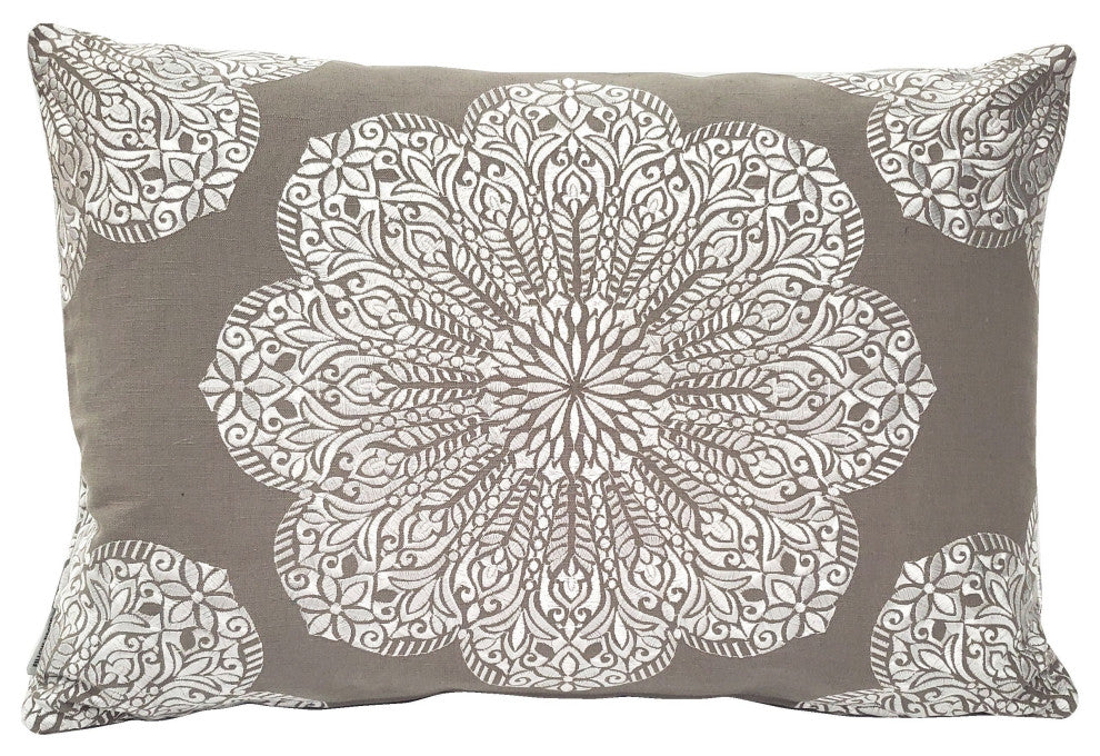 Mancini Medallion Embroidered 16x24 Throw Pillow, Dark Taupe and Silver
