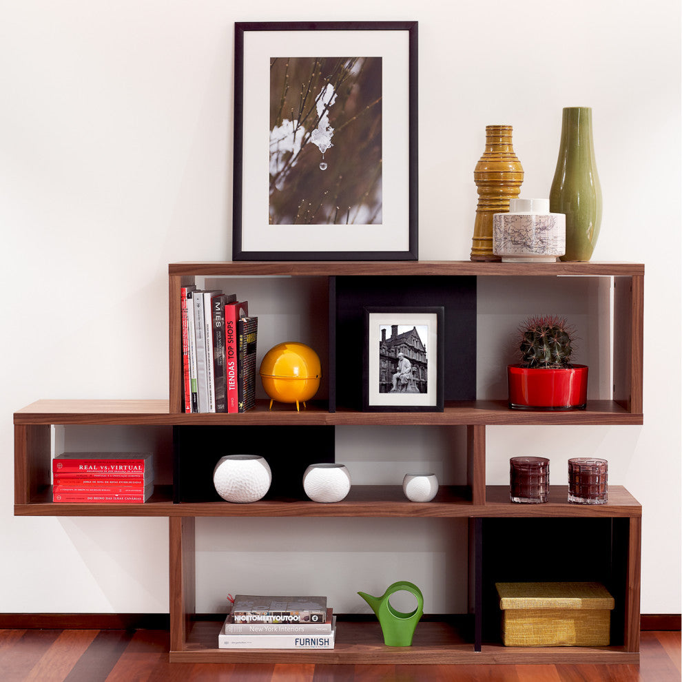 Contemporary Modular Display 2 Tone Shelves, Walnut Frame/Black Backs
