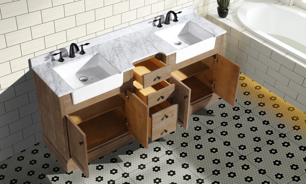Kelly 72" Bathroom Vanity, Weathered Fir Finish, Italian Carrara Marble Top