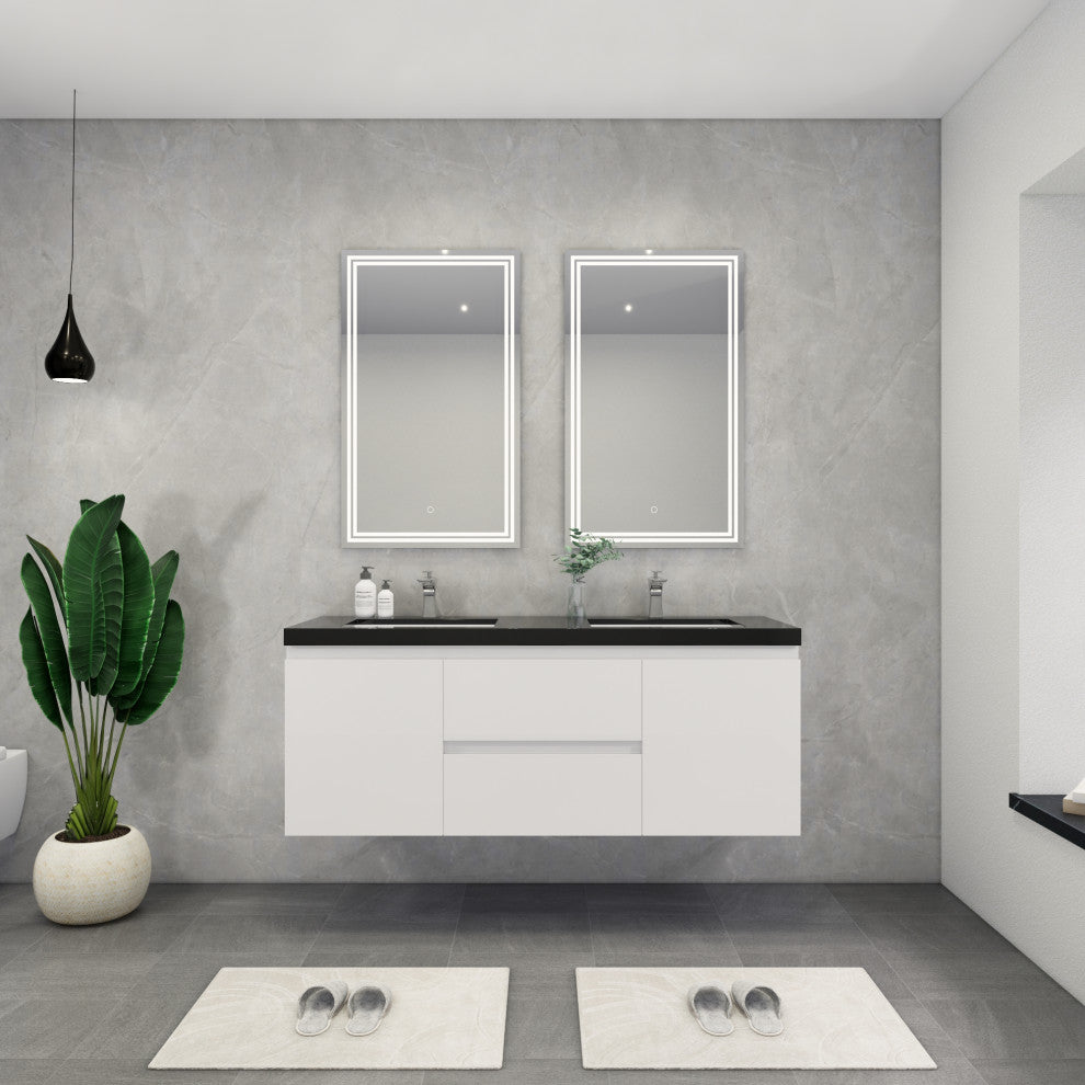 Belli 60" Double Sink Wall Mount Vanity Set, High Gloss White, Matt Black Top