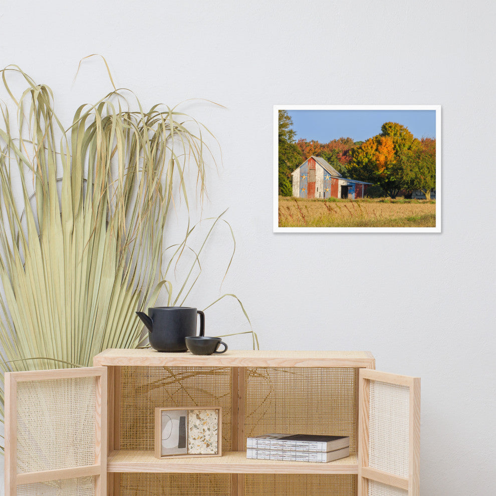 Patriotic Barn in Field Rural Landscape Framed Photo Paper Wall Art Prints, White, 18" X 24"