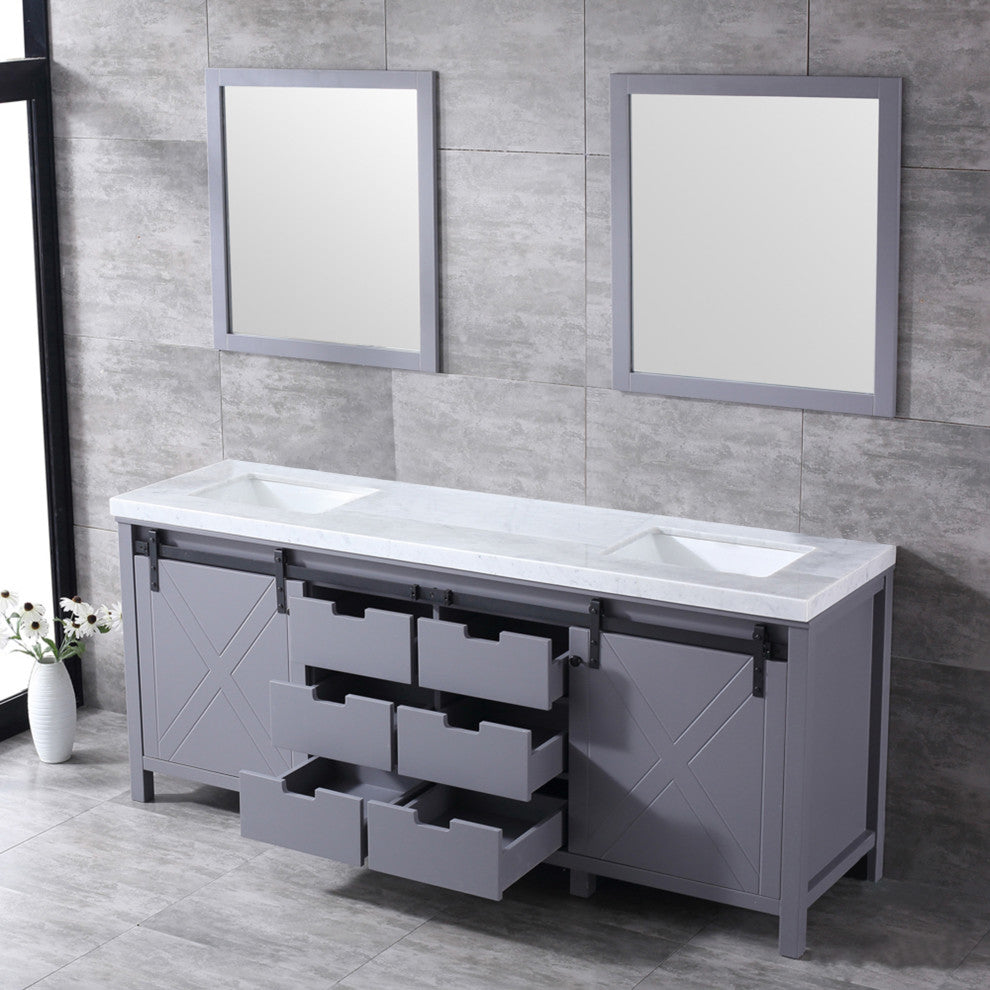Marsyas 80" Dark Gray Double Vanity Carrara Marble Top Sinks, 30" Wall Mirrors