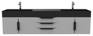CastelloUSA Amazon 72" Wall Mounted Vanity Set, Gray, Black Top, Black Handles